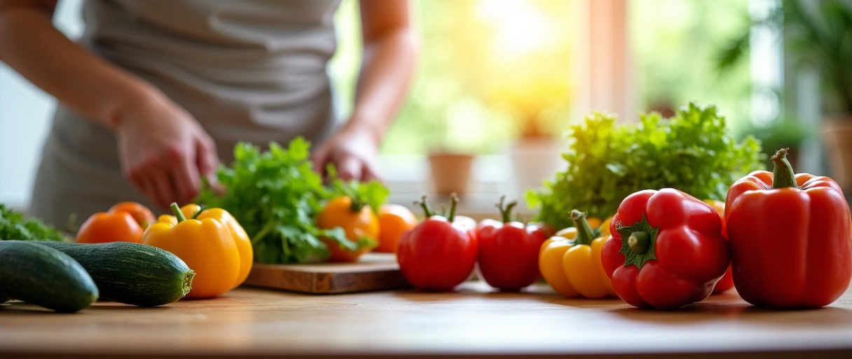 Zdrowy styl życia i posiłki, świeże warzywa, owoce, osoba przygotowująca jedzenie